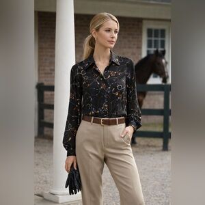 CAbi Victoria Blouse XS Black Chain Tassel Equestrian Top